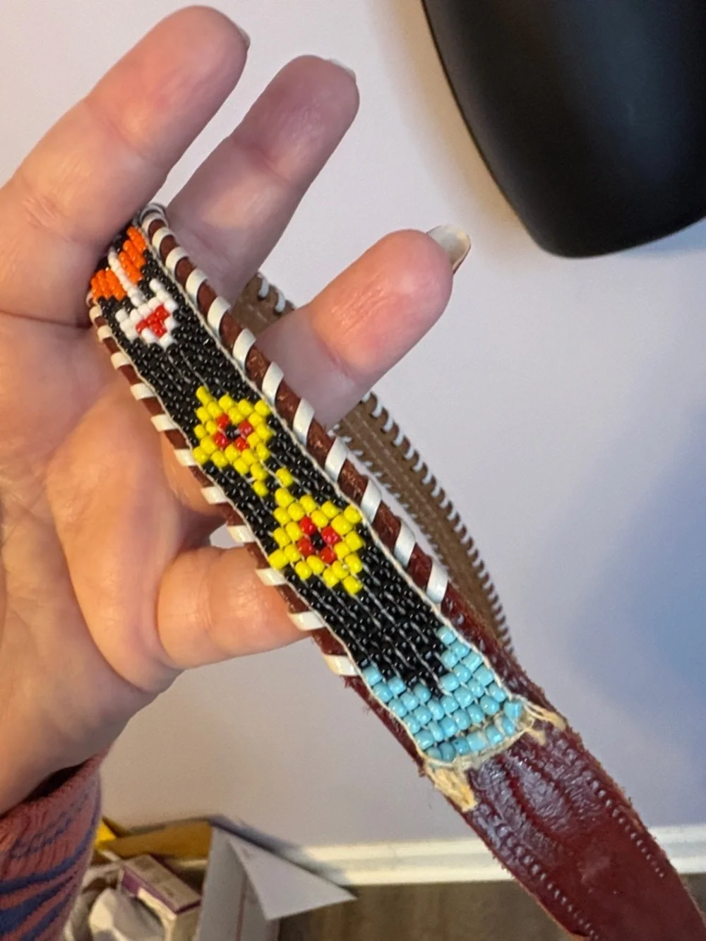 Leather Genuine Cowhide Brown Western Southwestern Beaded Native American Belt